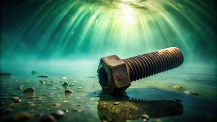 Poster - A rusty bolt submerged in a shallow pool of water with sunlight shining through the surface