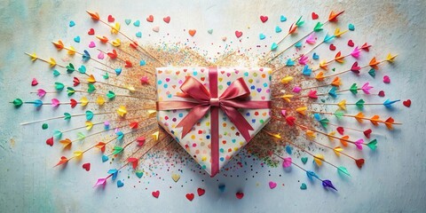 Poster - A Colorful Array of Paper Hearts Surrounding a Gift Box Tied with a Pink Bow