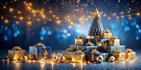 Poster - A Festive Arrangement of Blue and Gold Christmas Presents with a Star-Topped Tree and Sparkling Lights