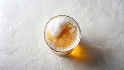 Poster - A glass of beer with condensation on a white surface, showing the frothy head and the reflection of the golden liquid