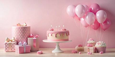 Aufkleber - Festive pink and white birthday celebration with a cake, candles, presents, balloons, and cupcakes on a wooden table