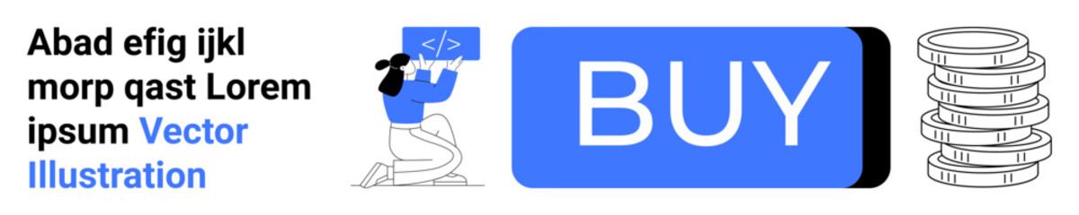 BUY button in blue, developer with screen code, tech stack outlines. Ideal for e-commerce, web design, tech tutorials, online shopping, coding, digital marketing, web development. Landing page