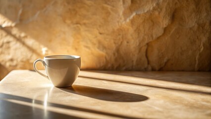 Poster - A white cup of coffee sits on a light-colored countertop, bathed in warm sunlight streaming through a window, casting long shadows on the surface.