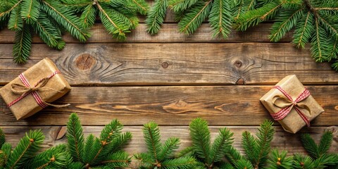 Poster - Rustic Christmas Background with Pine Branches and Wrapped Gifts on Wooden Plank Surface
