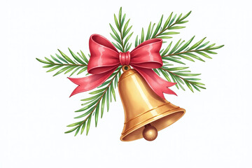 Wall Mural - festive watercolor bell features bow fir white background winter holiday decoration gift