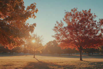Poster - Golden Autumn Sunrise with Vibrant Trees in a Peaceful Park Landscape. Autumn background