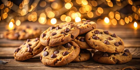 Poster - Golden-brown chocolate chip cookies arranged on a rustic wooden surface, bathed in the soft glow of a bokeh-filled background.