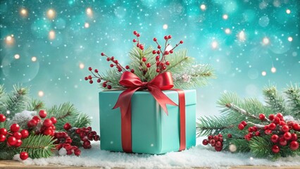 Poster - A Blue Christmas Gift Box Surrounded by Snow-Covered Evergreen Branches and Red Berries Against a Sparkling Teal Background