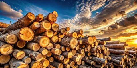 Poster - A stack of freshly cut logs bathed in the golden light of a setting sun, with a vibrant blue sky and fluffy white clouds above.