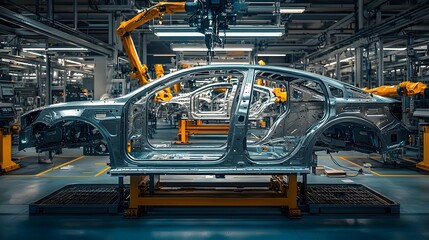 Poster - automated robotic arms assembling car frames in an advanced automotive manufacturing facility with m