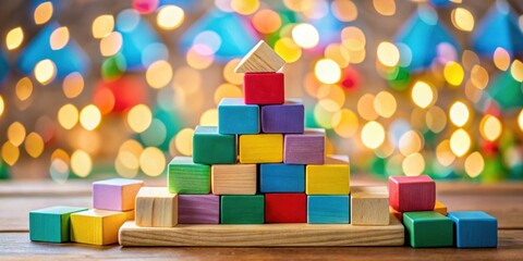 Aufkleber - A colorful wooden block pyramid on a wooden surface against a blurry background of warm lights.