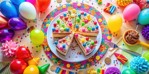 Poster - A colorful birthday celebration featuring a cake decorated with sprinkles and colorful candies, surrounded by balloons, party hats, and other festive decorations.