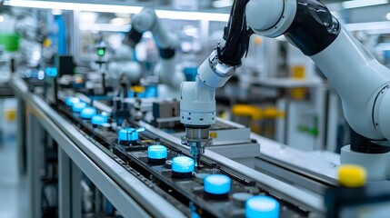 Poster - robotic arms working on an automated automotive assembly line in a futuristic high tech manufacturin