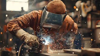 Poster - engineer welding components on robotic arm in industrial workshop skilled worker performing metal fa
