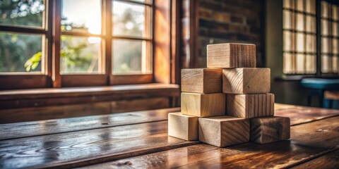 Aufkleber - A Stack of Wooden Blocks on a Rustic Table with a Window in the Background