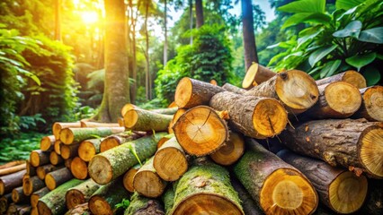 Poster - A pile of freshly cut logs sits in a lush green forest with sunlight streaming through the trees, offering a glimpse into the cyclical nature of life and resource management.