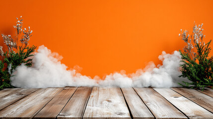 Wall Mural - serene setup featuring wooden floor, vibrant orange background, and soft white smoke with greenery on either side, creating tranquil atmosphere