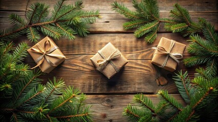 Poster - Wrapped Gifts Adorned with Twine and Ribbon Surrounded by Evergreen Branches on Rustic Wooden Surface