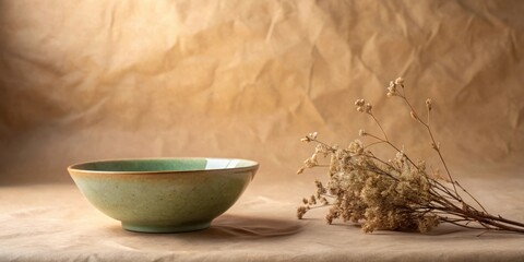 Poster - A Simple Composition Featuring a Green Bowl and Dried Flowers on a Wrinkled Brown Surface