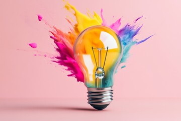 Poster - A clean, minimalist design of a glowing light bulb with swirls of vibrant colors spilling out to symbolize ideas