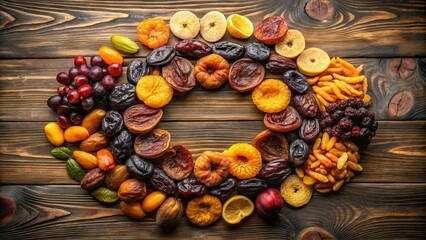 Poster - A Colorful Arrangement of Dried Fruit on a Wooden Surface, Including Apricots, Prunes, Figs, and Dates