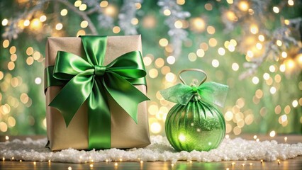 Poster - A Festive Gift Box Wrapped in Green Ribbon and a Sparkling Green Christmas Ornament Resting on Faux Snow With a Blurred Background of Festive Lights