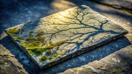 Poster - A sunlit stone slab with moss and a shadowed tree branch silhouette on its surface, creating a natural and intricate design.