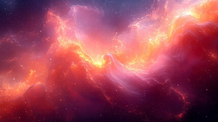 Poster - Abstract vibrant cosmic waves of light resembling a nebula in warm hues of orange and red