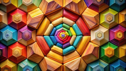 Fototapete - A colorful, geometric pattern formed by wooden hexagonal shapes, showcasing vibrant hues and a mesmerizing spiral effect in the center.