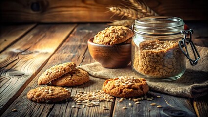 Poster - A rustic wooden table setting with freshly baked cookies and a jar of oat flakes, a delightful treat for any occasion.