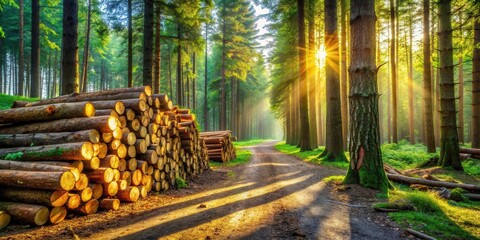 Poster - A winding forest path illuminated by the golden rays of the sun, leading towards a pile of freshly cut logs, symbolizing the delicate balance between nature's bounty and human needs.
