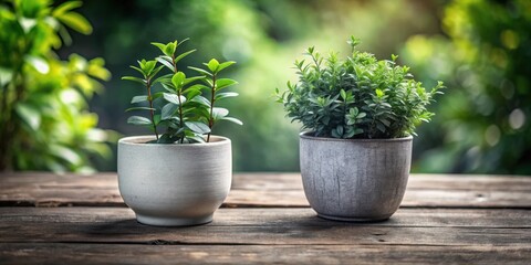 Poster - Two potted plants with lush green leaves on a weathered wooden surface against a blurred background of greenery.