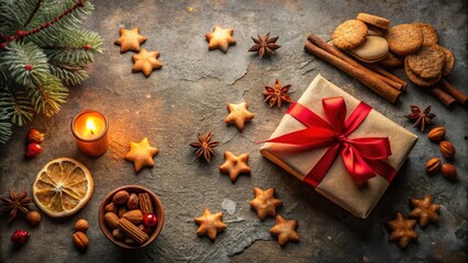 Poster - A Festive Tabletop Still Life with a Wrapped Gift, Gingerbread Stars, Cinnamon Sticks, and a Candlelight Glow