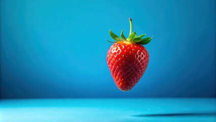 Aufkleber - A vibrant red strawberry hovers above a pristine blue surface, creating a striking contrast of color and a sense of playful weightlessness.
