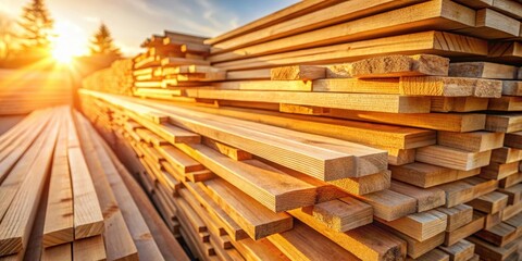 Aufkleber - Stacked Wooden Planks Bathed in Warm Sunlight, Creating a Textured and Natural Background for Design Projects