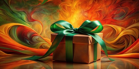 Aufkleber - A wrapped gift with a green satin bow rests on a vibrant abstract background of swirling colors.