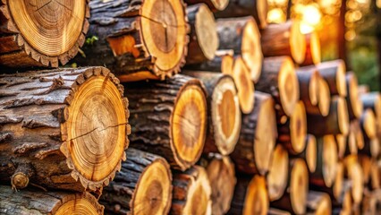 Poster - A stack of tree trunks, revealing the intricate rings and textures of their cross sections, bathed in the warm glow of afternoon sunlight.
