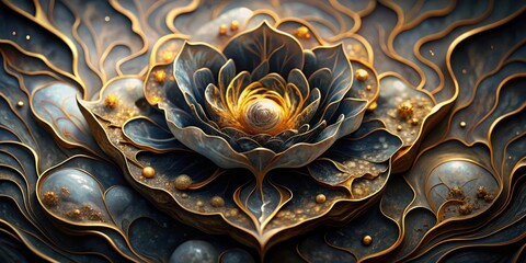 Poster - A Golden Outline Enhances The Beauty Of A Deep Blue Flower, Surrounded By A Field Of Gleaming Pearls