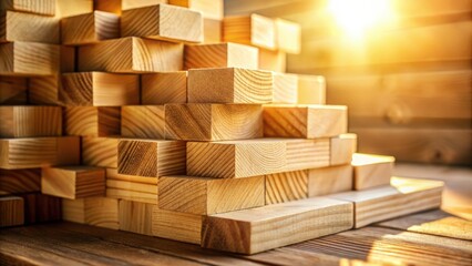 Poster - Wooden Blocks Stacked in a Pyramid Shape with a Warm, Golden Glow of Sunlight Shining Through