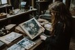 © MaMaKe - Woman examining antique photos in vintage workshop.