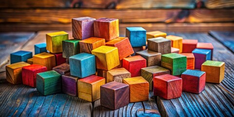 Poster - A colorful array of wooden blocks, painted in vibrant hues, rest on a weathered wooden surface, creating a captivating scene of playful chaos and abstract design.