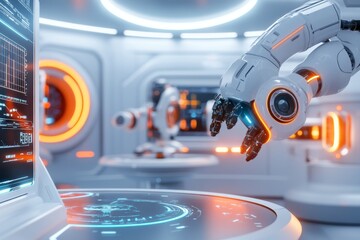 Poster - A detailed 3D digital illustration of a sci-fi laboratory with glowing equipment, robotic arms, and scientists working
