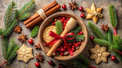 Poster - Holiday Festive Arrangement Featuring Cinnamon Sticks, Star Anise, Berries, and Cookies in a Rustic Bowl