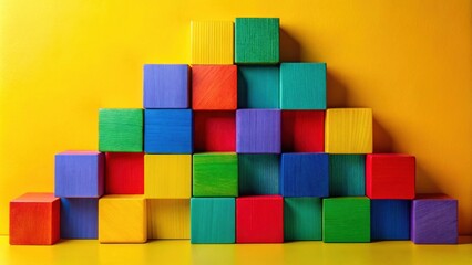 Poster - A pyramid of brightly colored wooden blocks arranged in a geometric pattern against a yellow background.
