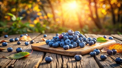 Poster - A Pile of Fresh Blueberries on a Wooden Cutting Board in a Setting of Golden Autumn Leaves and a Sun-Drenched Background