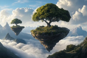 Poster - A dreamy landscape where floating islands are connected by shimmering bridges of light and creativity