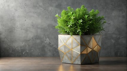 Poster - A potted plant with lush green foliage sits on a dark brown wooden table against a gray concrete wall, the pot adorned with a geometric pattern of golden lines.