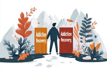 Aufkleber - A flat 2D graphic of a person standing between two doors: one labeled â€œAddictionâ€ and the other â€œRecovery,â€ with a beam of light coming through the latter