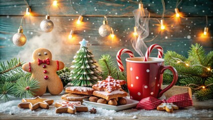 Poster - A festive Christmas scene with gingerbread cookies, a mug of hot chocolate adorned with a candy cane, a mini Christmas tree, and twinkling lights.
