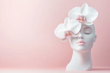 Aufkleber - A flat design of an Ikebana piece with bamboo and a single orchid, set against a pastel background